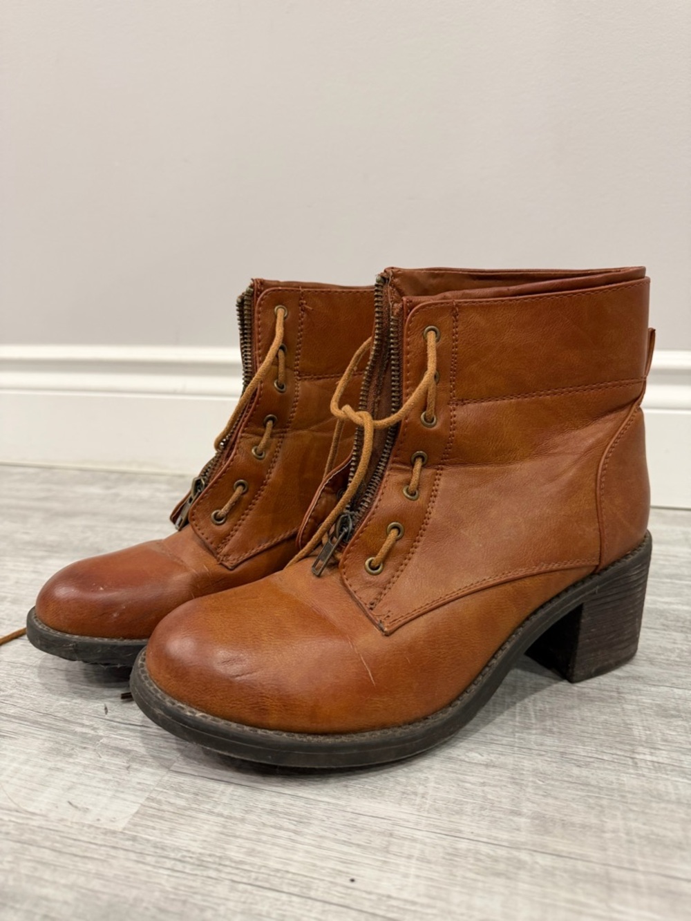Seven7 Brown Leather Ankle Booties with Front Zipper & Lace